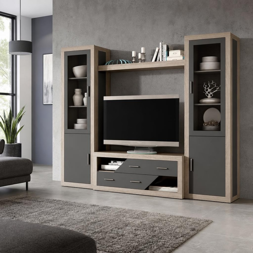 Mueble de salón con TV y dos vitrinas