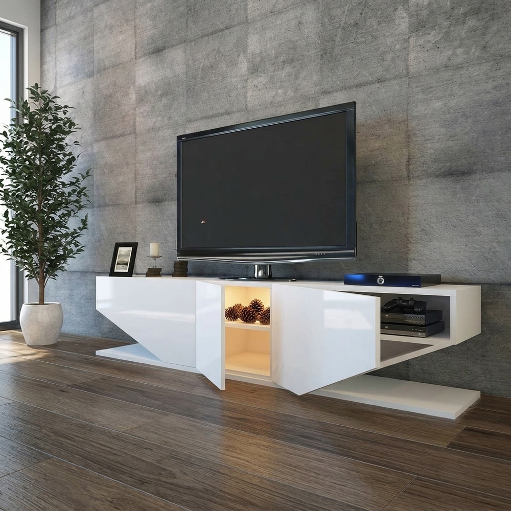 Mueble de TV moderno blanco brillo con 3 puertas