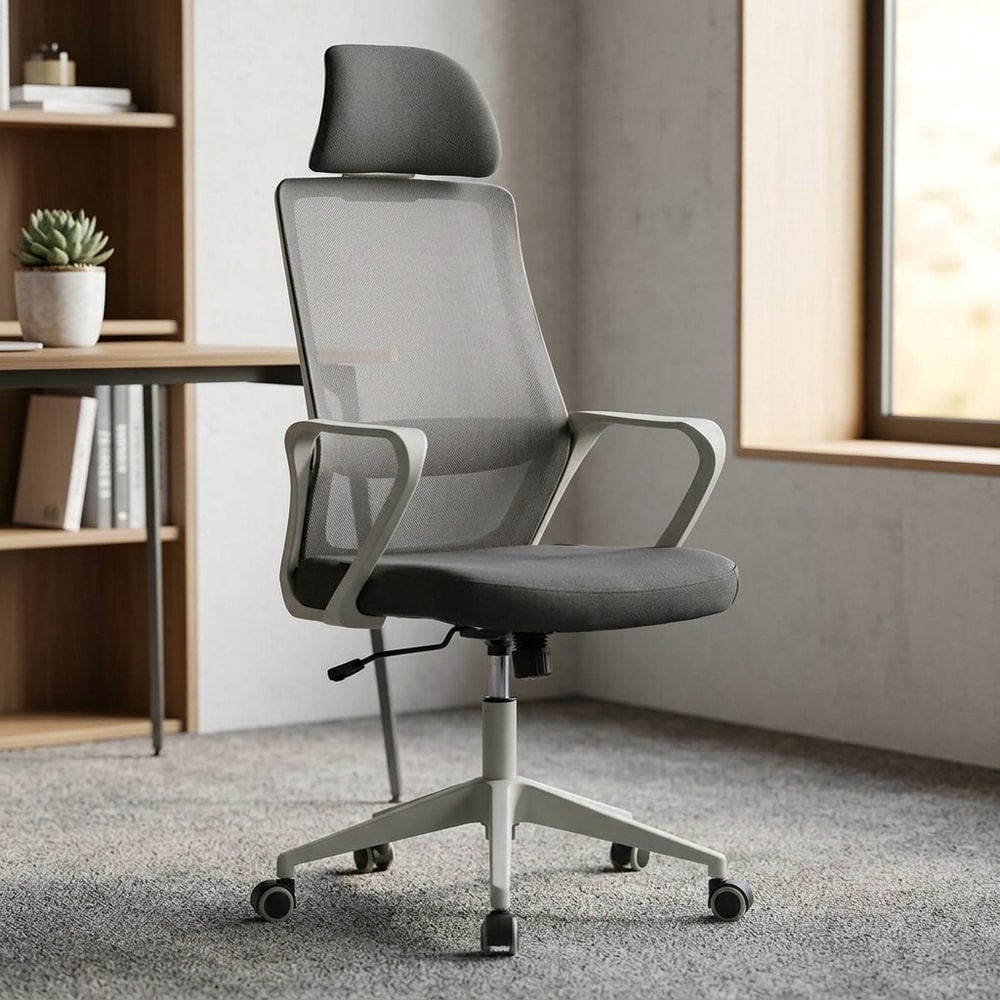 Silla de oficina ergonómica con cabecero gris