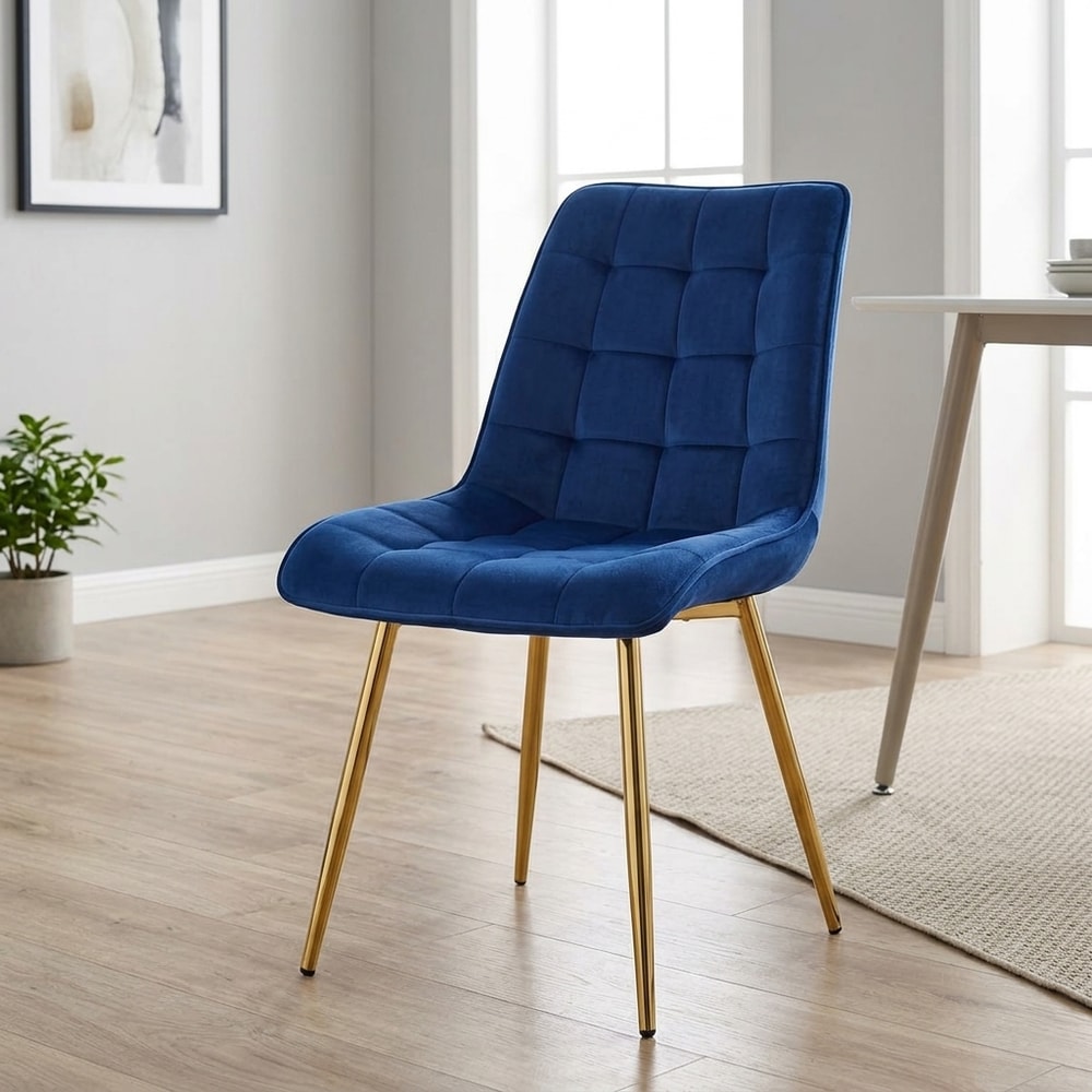Silla de comedor en terciopelo azul y patas oro