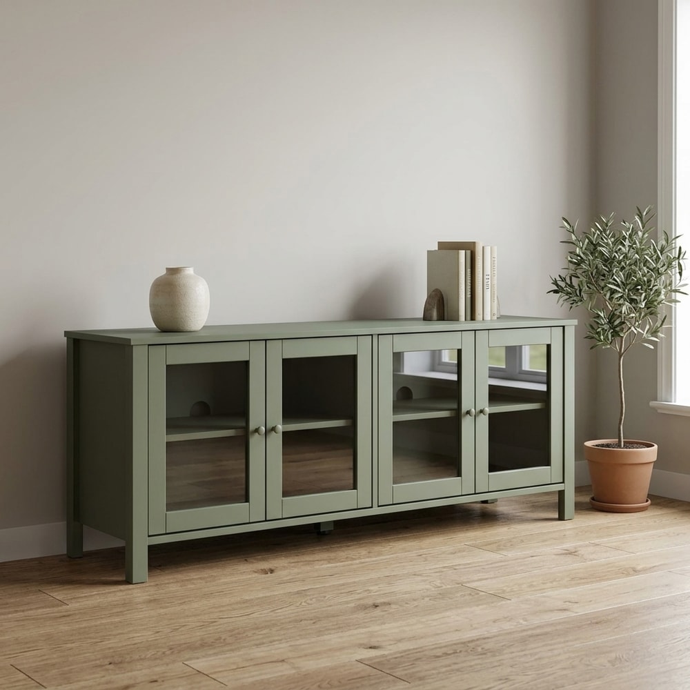 Mueble de TV con 4 Puertas Verde y Cristal