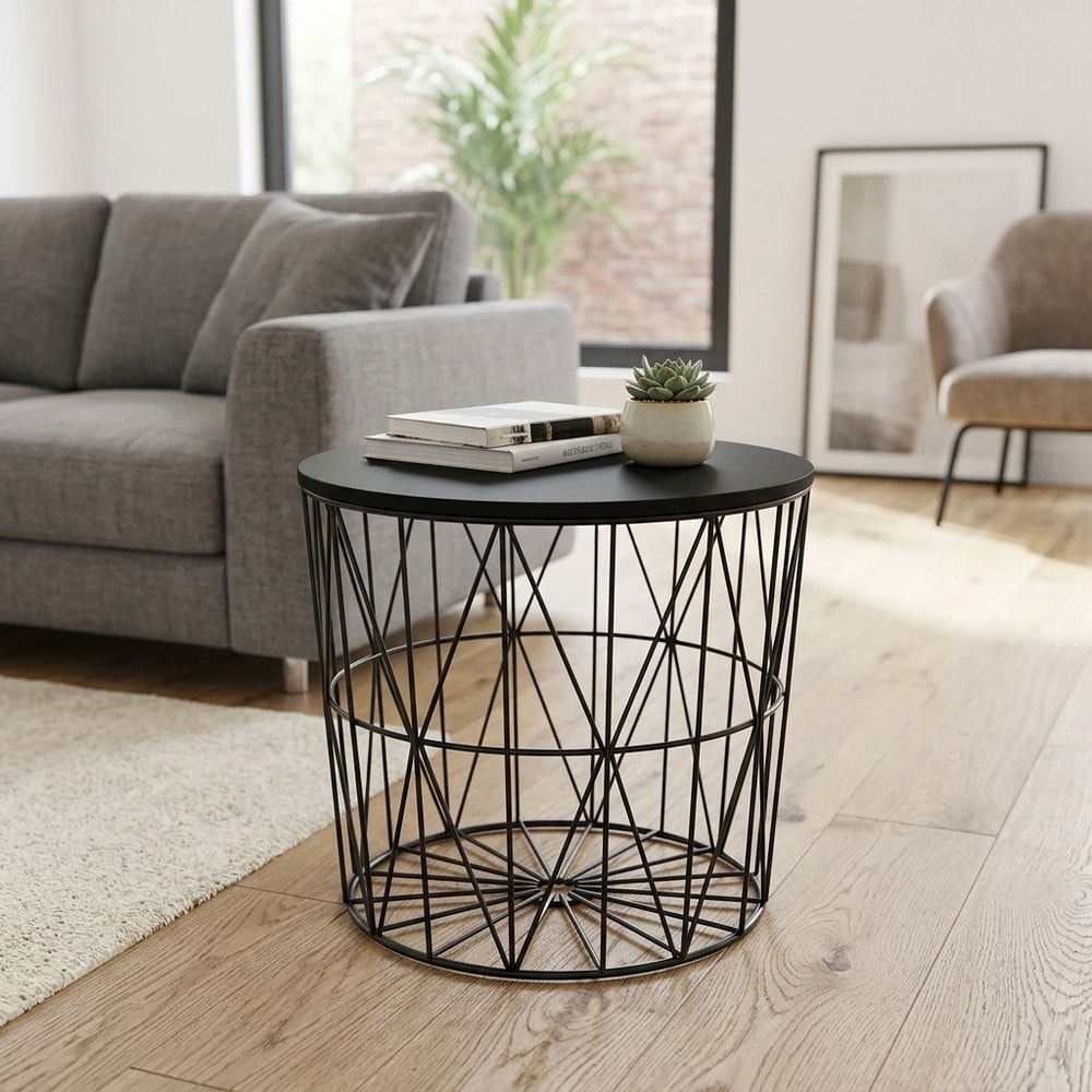 Mesa auxiliar redonda metal y madera negra