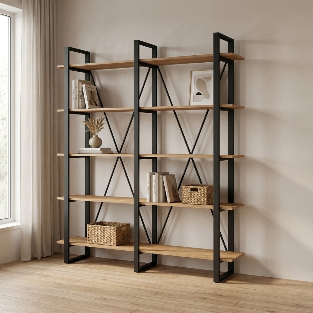 Estantería industrial de metal negro y madera