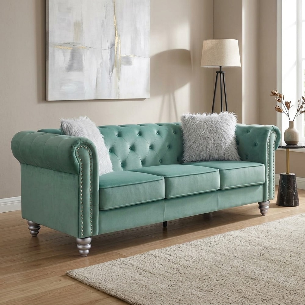 Sofá 3 plazas velvet verde agua estilo capitoné