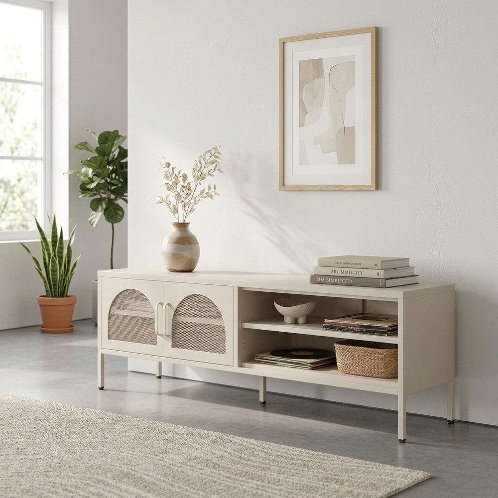 Mueble TV moderno crema con estantes y puertas