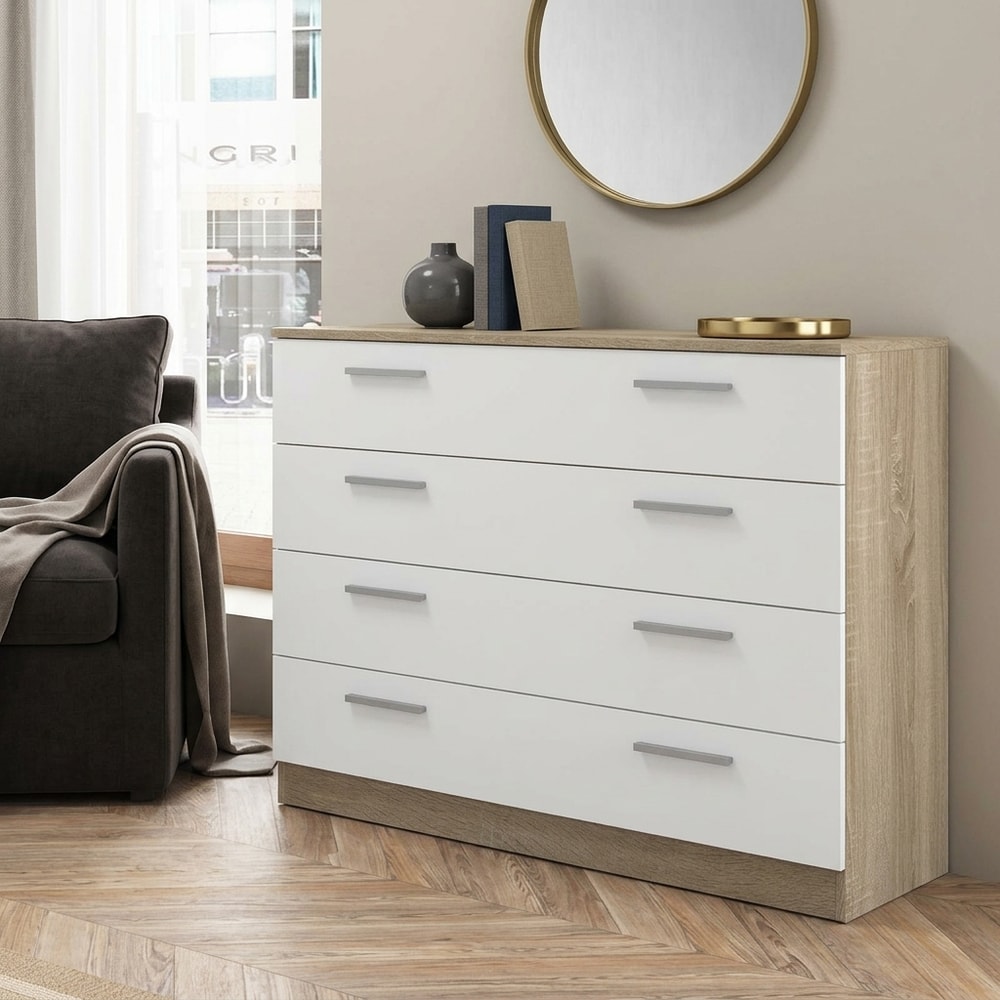 Cómoda de 4 cajones moderna blanco y roble