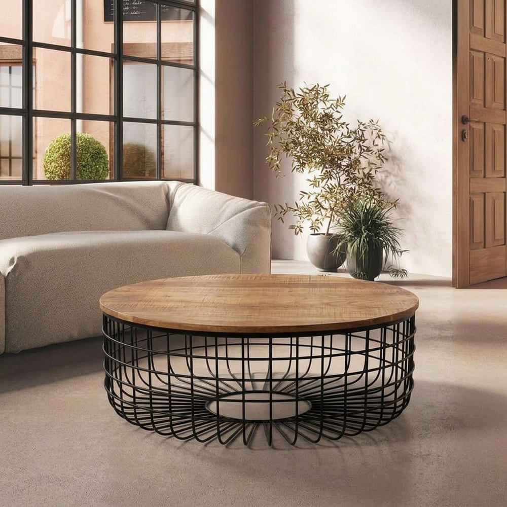 Mesa de centro industrial redonda de acacia