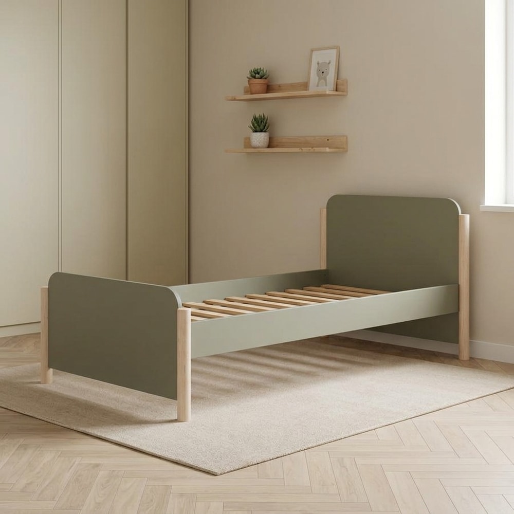 Cama Juvenil Verde Kaki con Patas de Madera