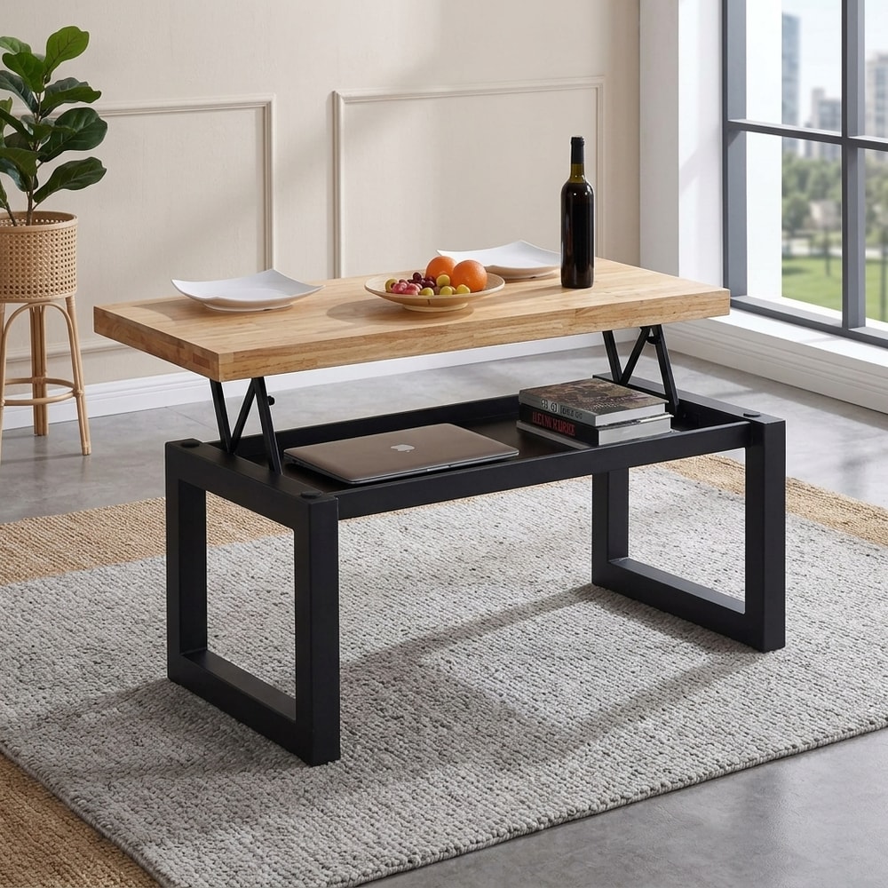 Mesa de centro elevable industrial roble y negro