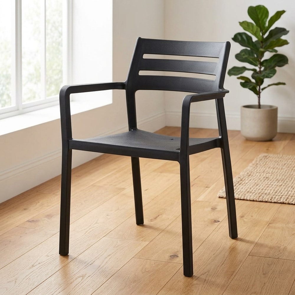 Sillón de exterior apilable negro con reposabrazos