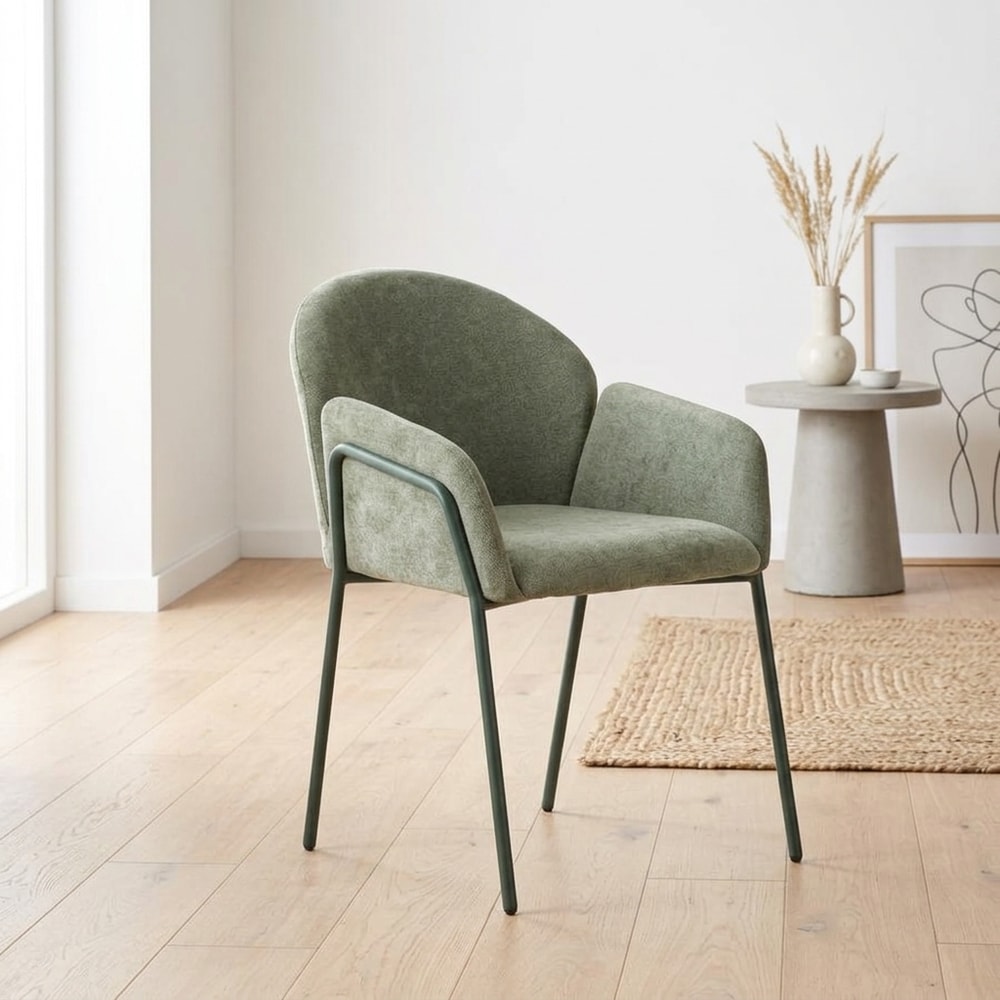Silla de comedor tapizada verde con reposabrazos