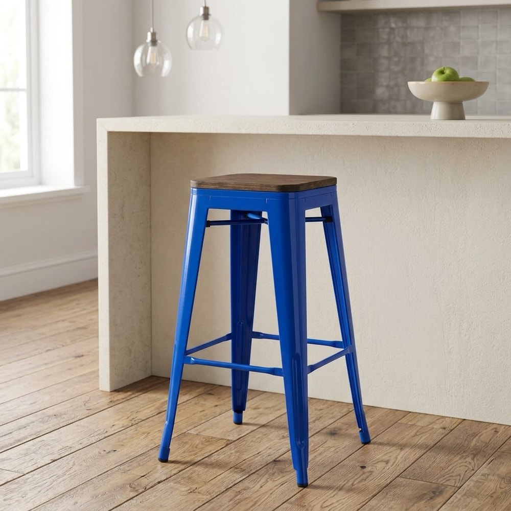 Taburete alto industrial azul y madera de pino