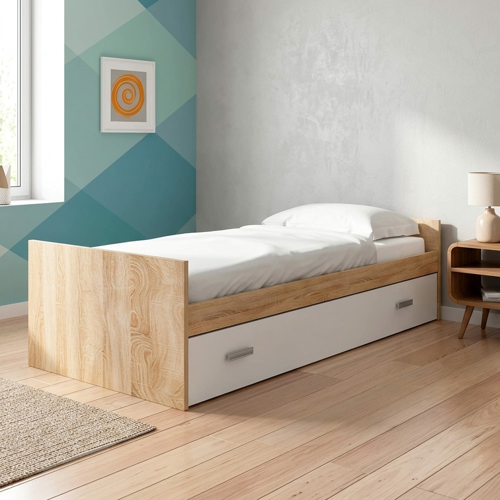Cama Nido Juvenil Blanca y Madera con Cajón