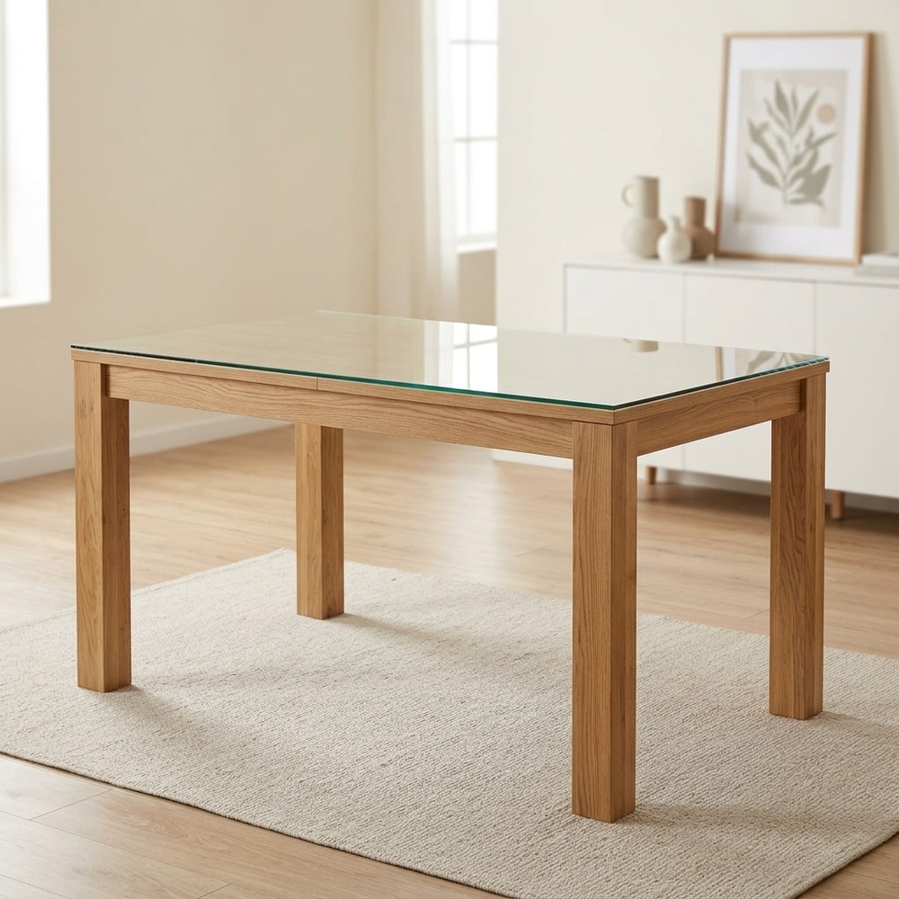 Mesa de comedor cristal y patas madera natural