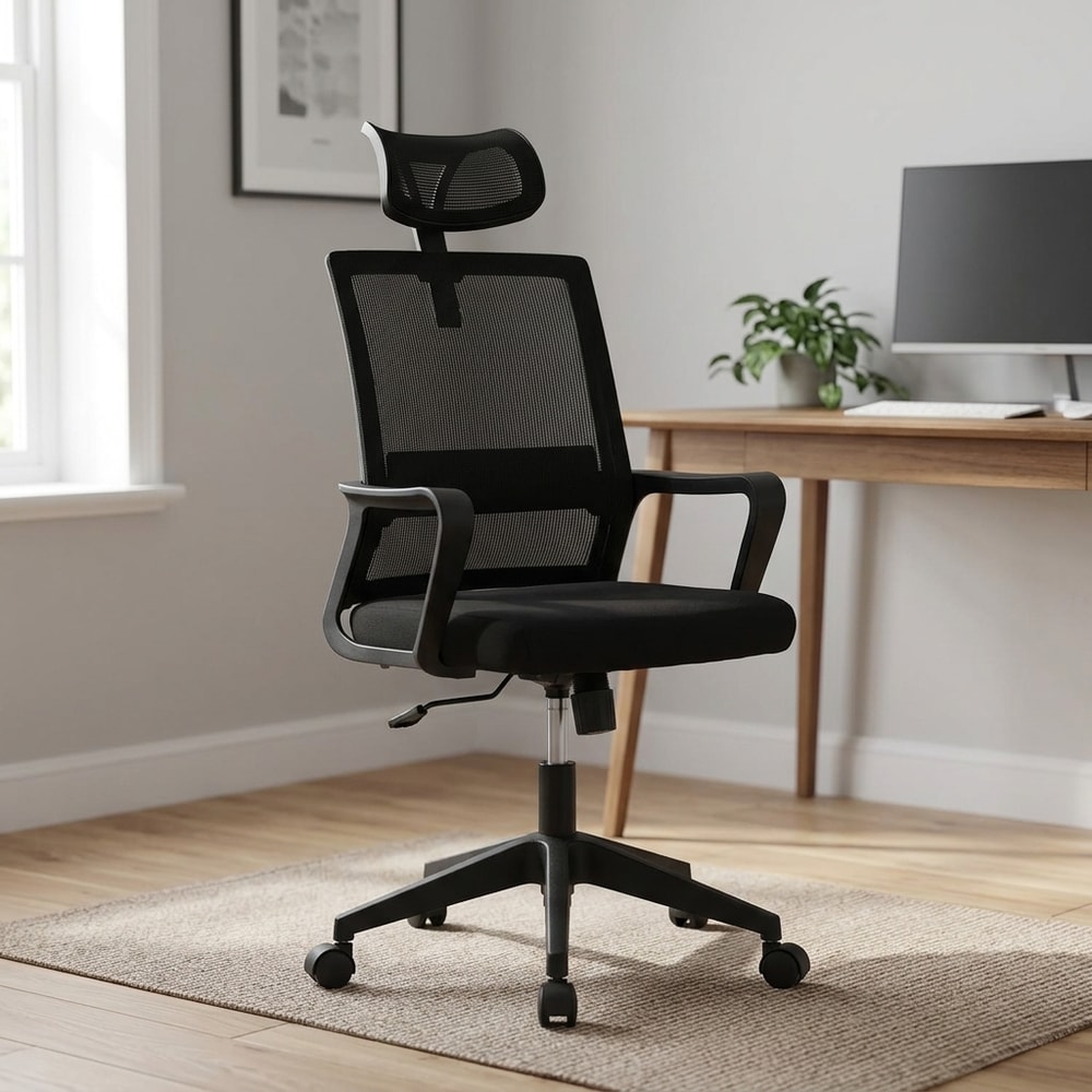 Silla de oficina ergonómica negra con cabezal