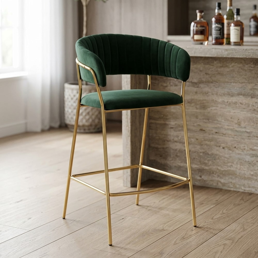 Taburete alto de terciopelo verde y metal dorado