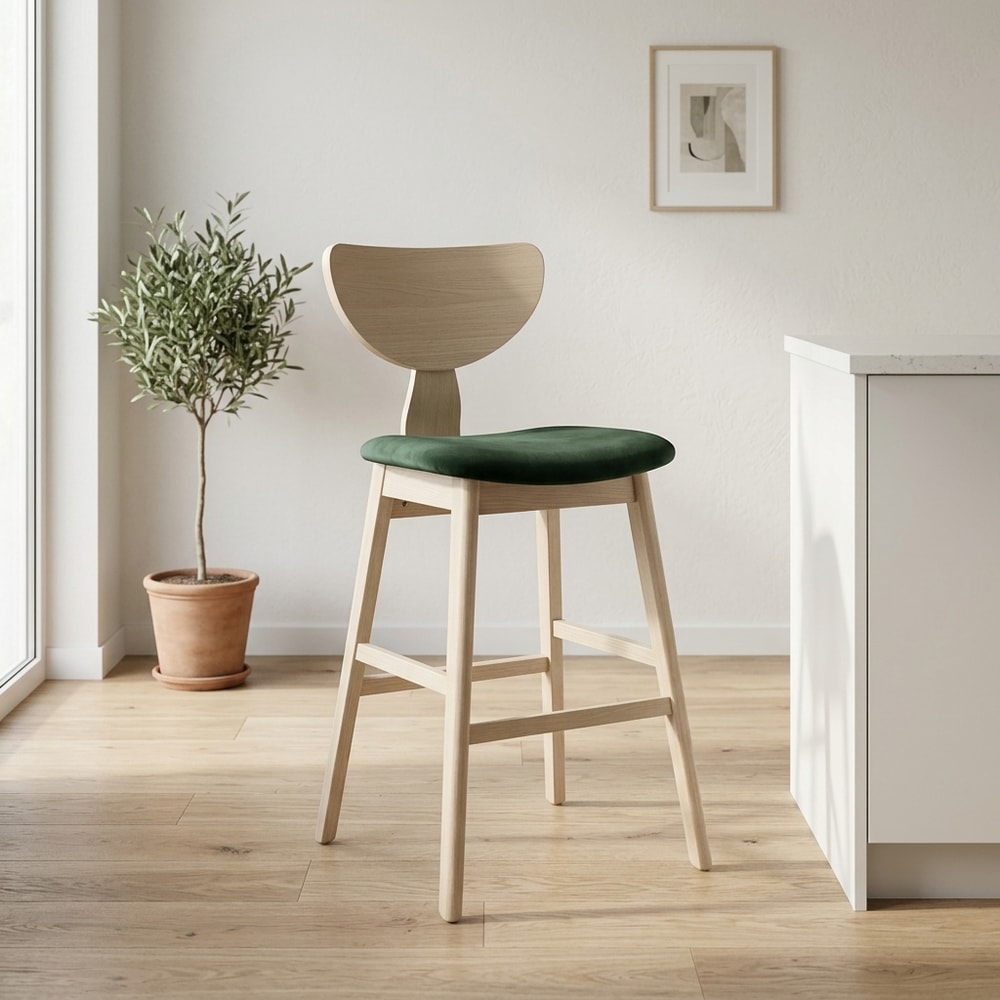 Taburete de madera de hevea y velvet verde