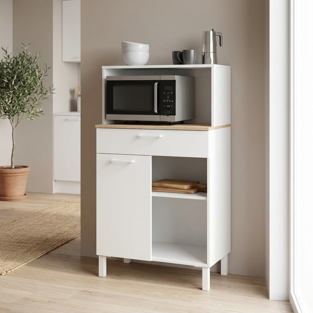 Mueble Auxiliar Microondas Blanco y Roble