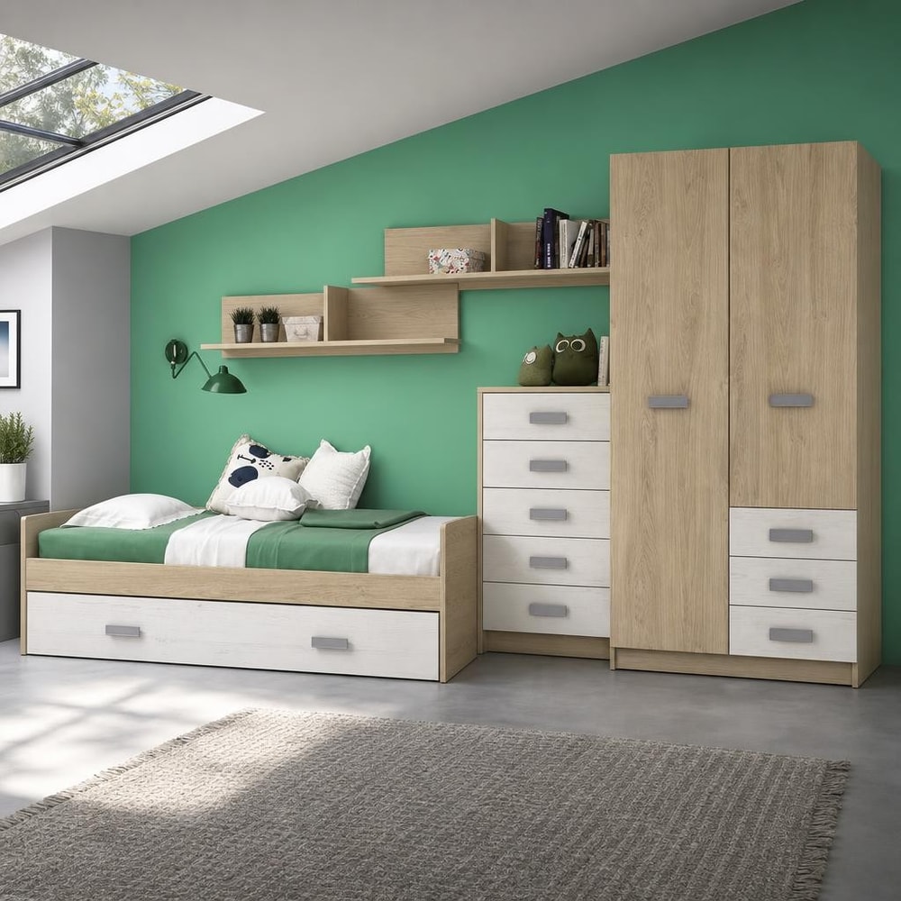 Dormitorio juvenil con cama, armario y cajonera