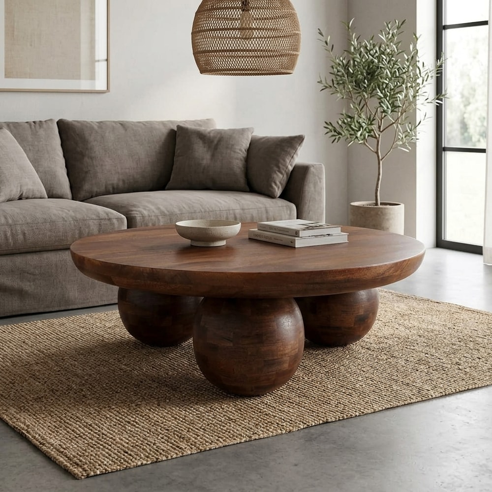 Mesa de centro redonda madera maciza patas esfera