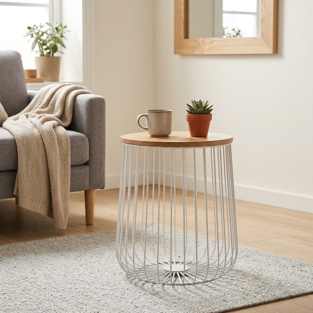 Mesa auxiliar redonda metal blanca y madera