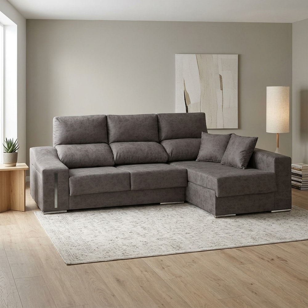 Sofá Chaise Longue con Arcón y Taburetes Beige