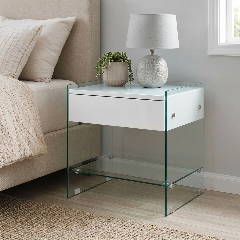Mesita de noche de cristal con cajón blanco