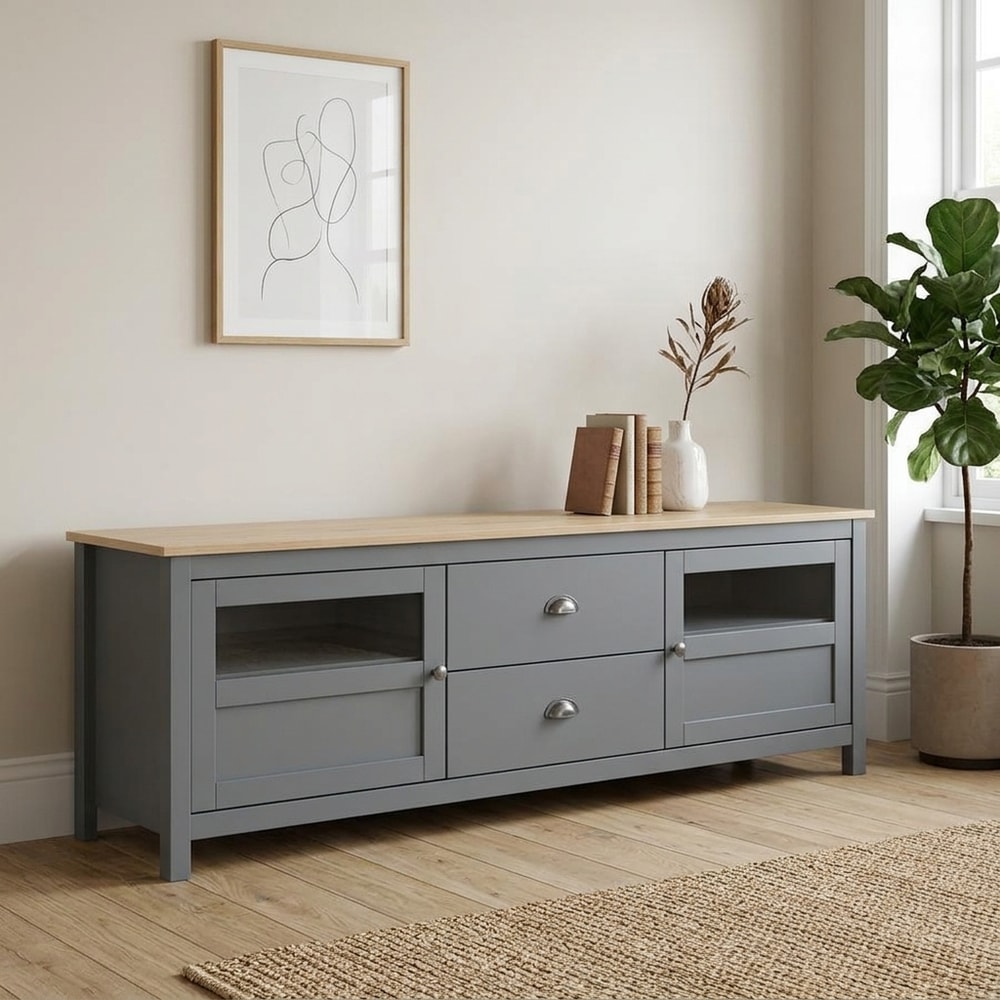 Mueble TV verde kaki con superficie de roble