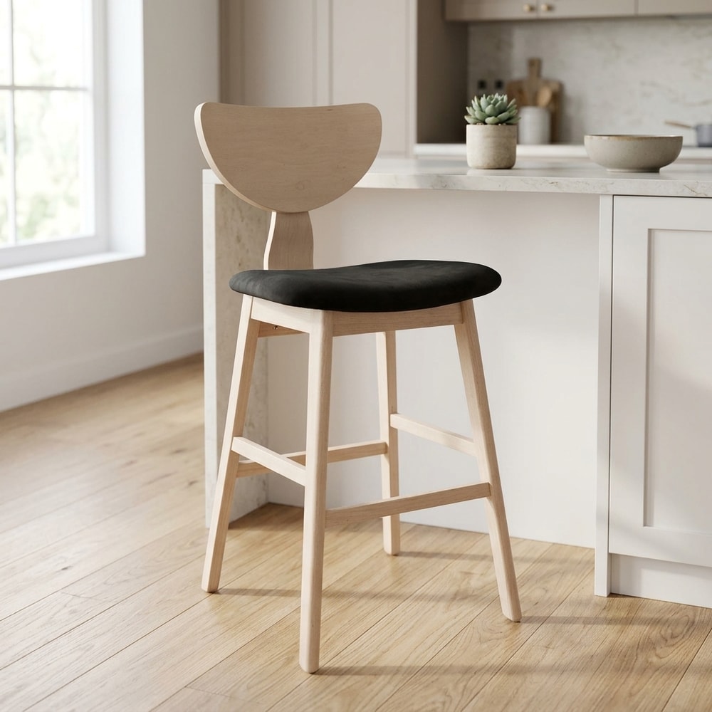 Taburete de madera natural y velvet gris oscuro