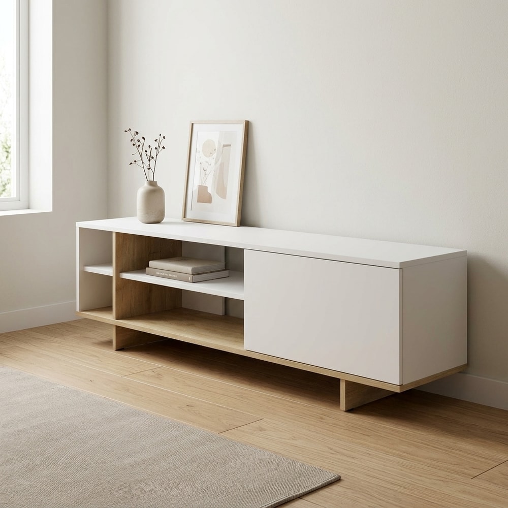 Mueble de TV nórdico blanco y roble con puerta