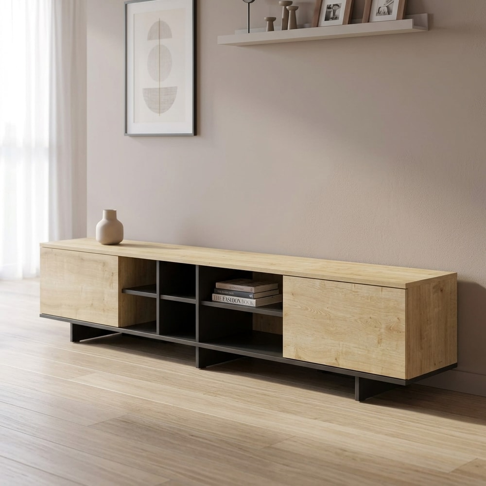 Mueble TV bajo con almacenaje roble y negro