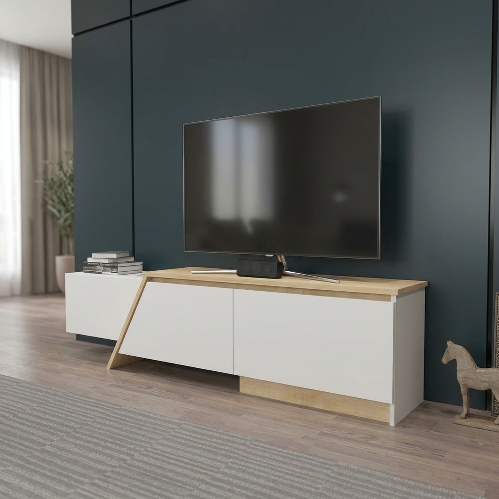 Mueble de TV moderno blanco y roble con 3 puertas
