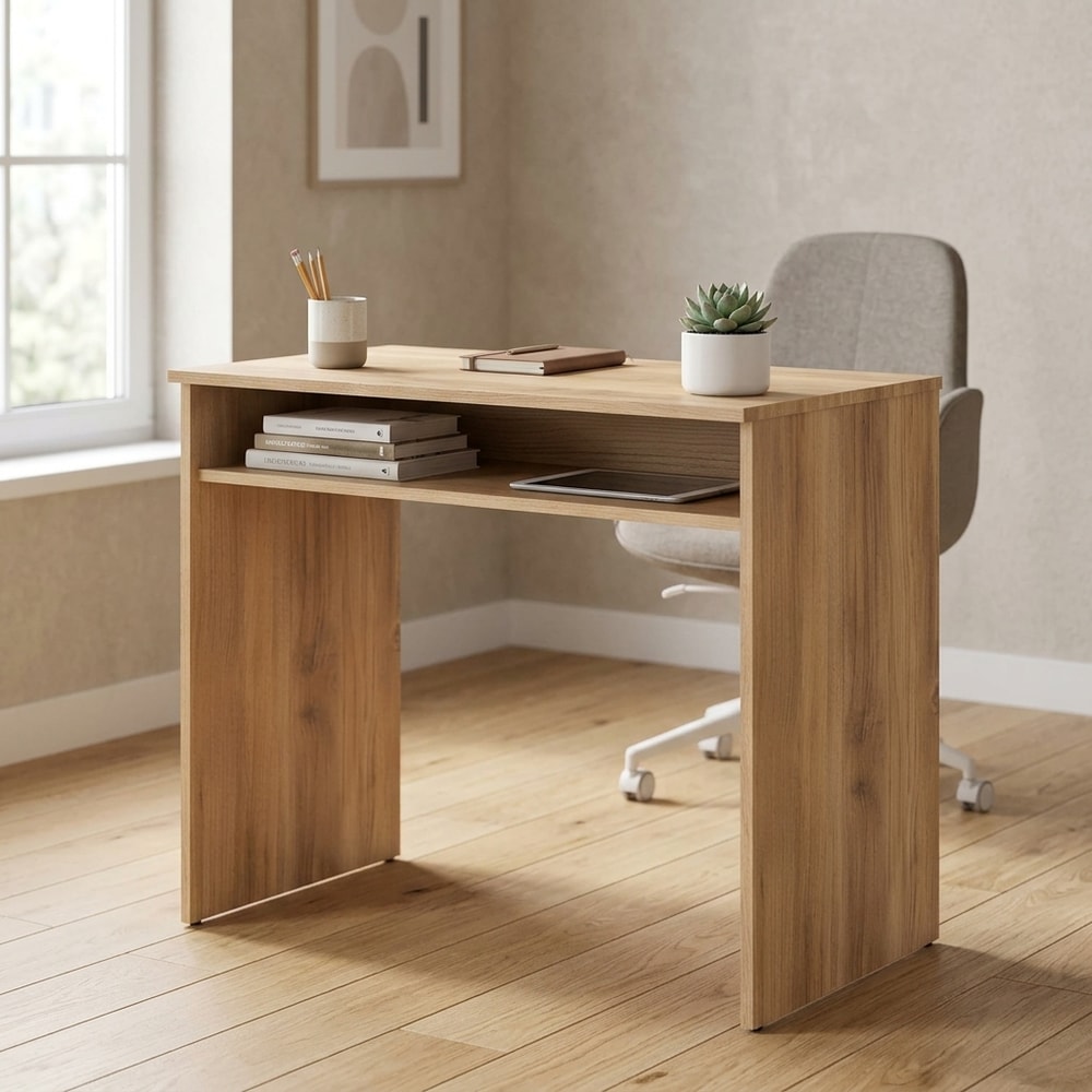 Mesa de estudio compacta con estante madera
