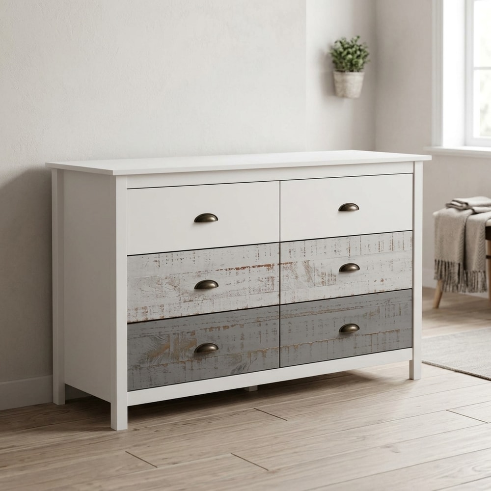 Cómoda 6 cajones diseño romántico blanco y gris