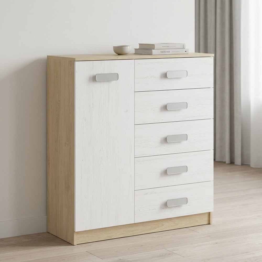 Cómoda blanca y madera con 5 cajones y puerta