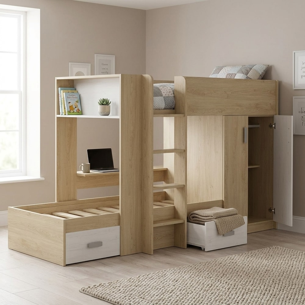 Cama tren juvenil con armario y cajones madera
