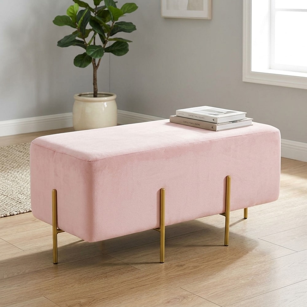 Banco puff rectangular de terciopelo rosa