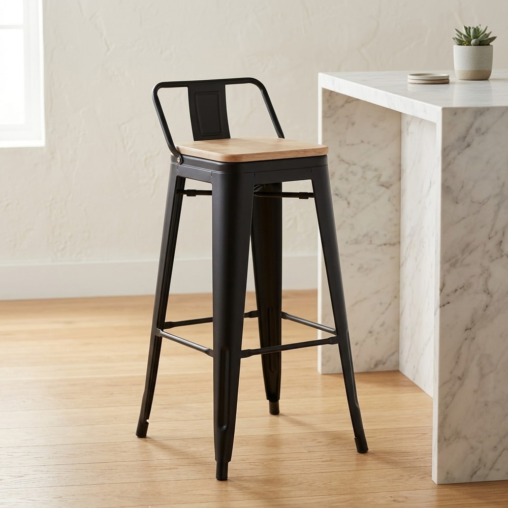 Taburete alto vintage industrial negro y roble