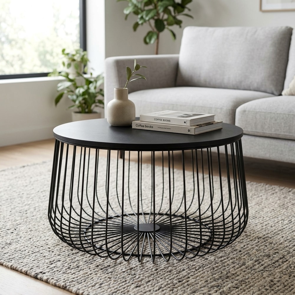 Mesa de centro redonda negra metal y madera