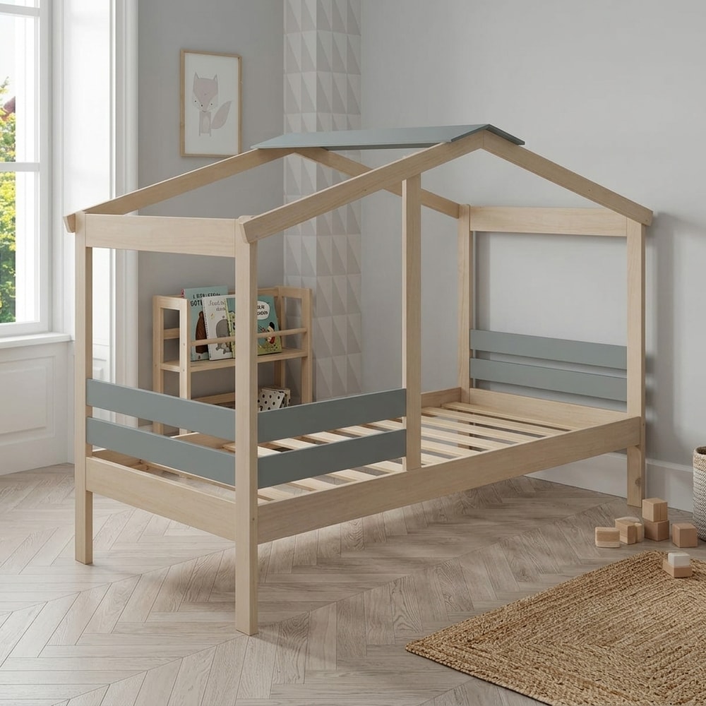 Cama infantil forma de cabaña blanco y verde