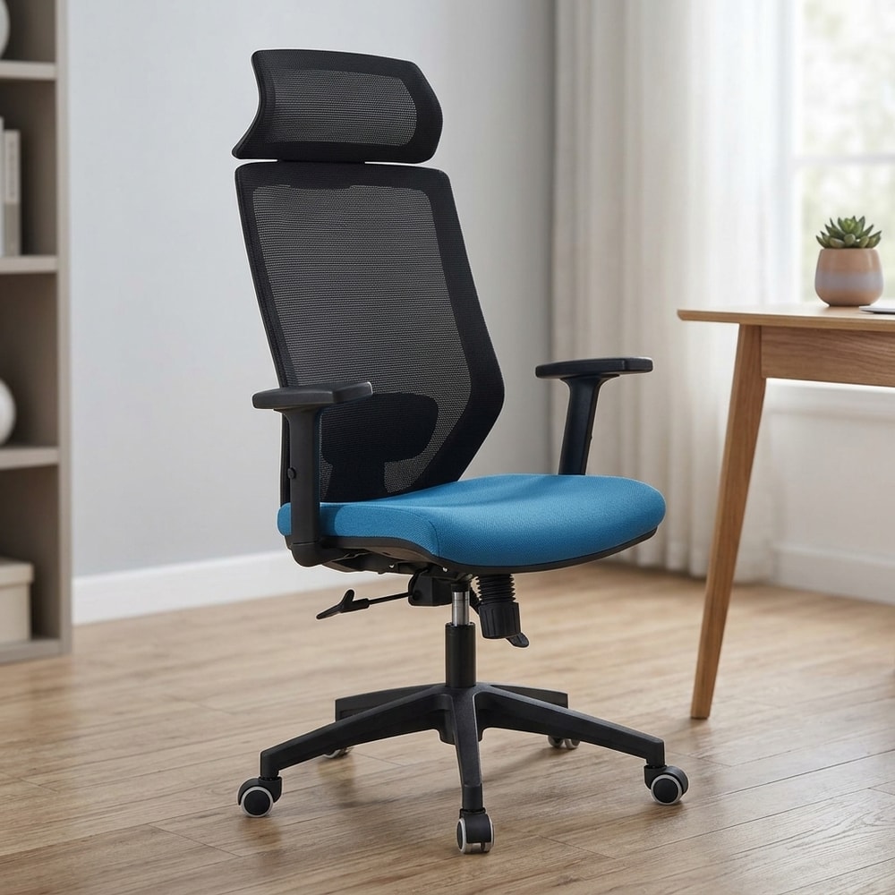 Silla de oficina ergonómica azul y negra