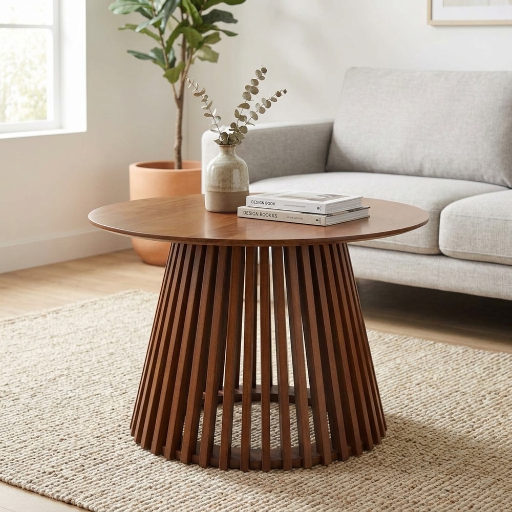 Mesa de centro redonda de madera nogal