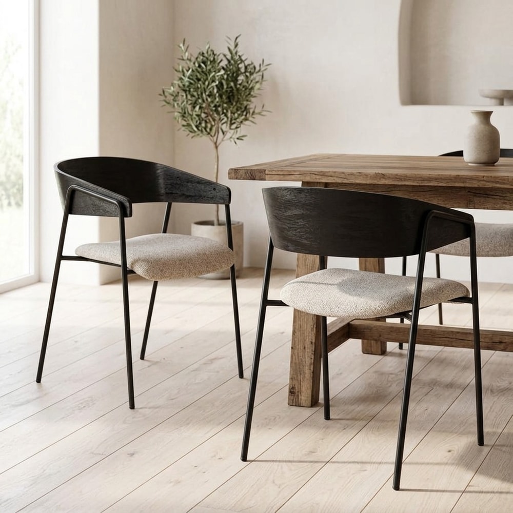 Silla Comedor Tapizada Beige y Madera Negra