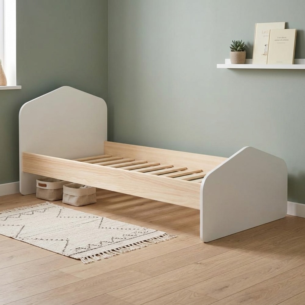 Cama juvenil blanca con detalles en madera