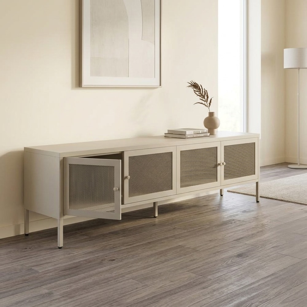 Mueble TV Beige con 4 Puertas de Rejilla Metálica