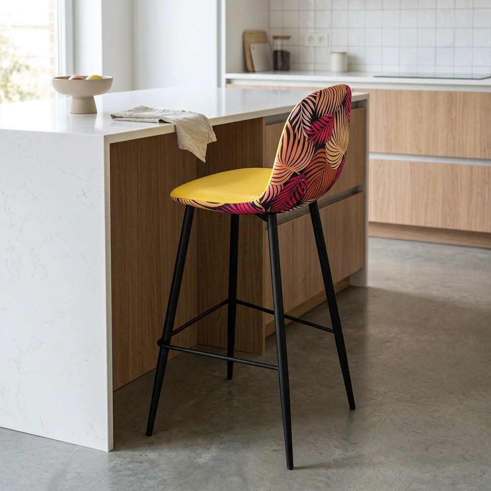 Taburete terciopelo amarillo con respaldo floral