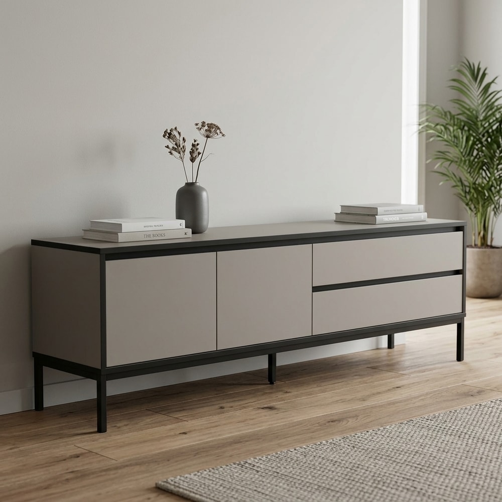 Mueble de TV Moderno en Color Crema y Negro