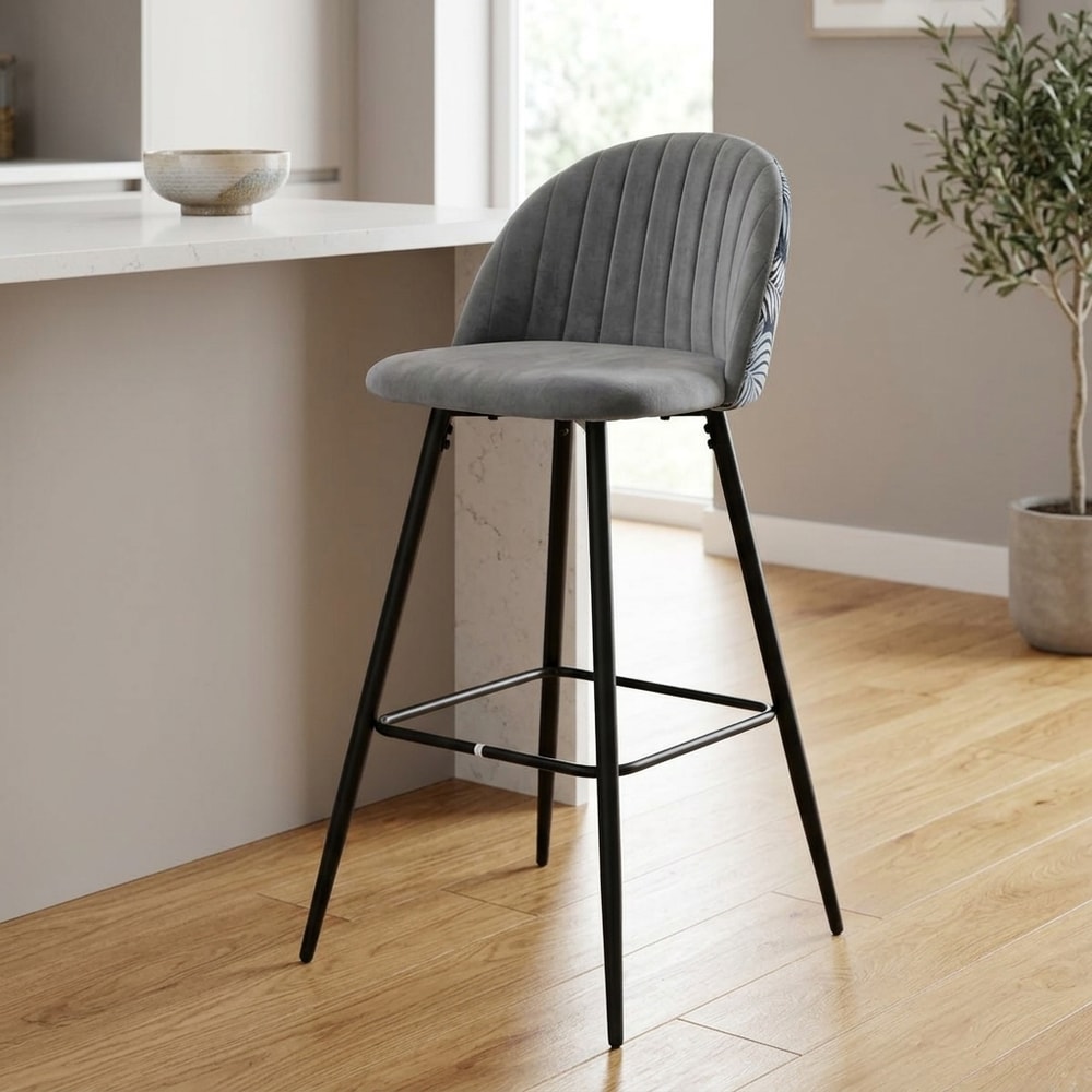 Taburete de terciopelo gris con trasera floral