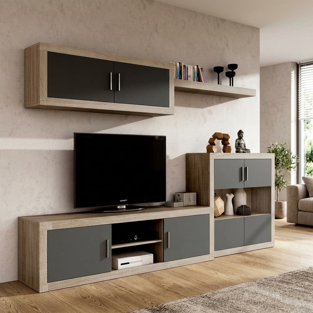 Mueble de salón modular gris y madera