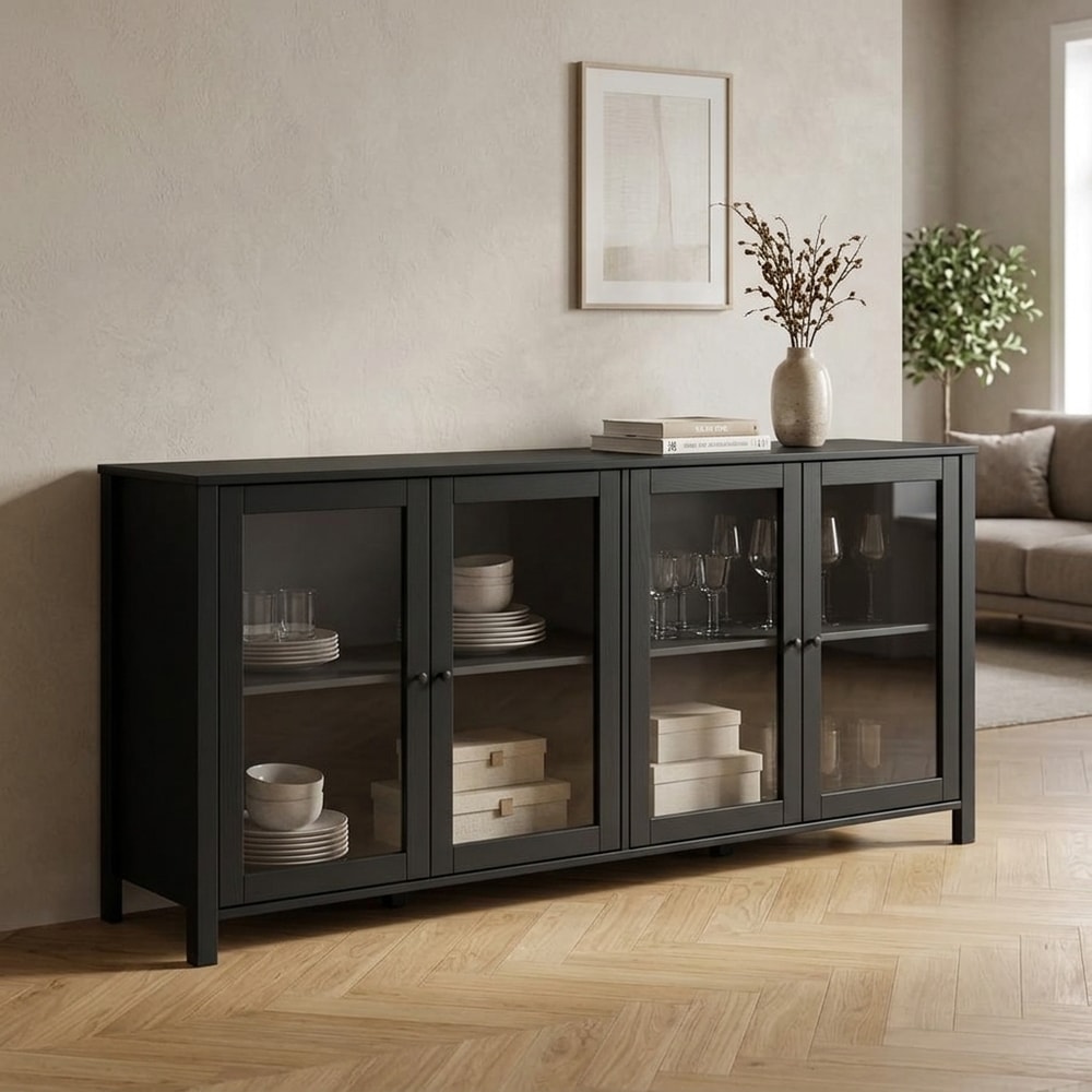 Aparador de Madera 4 Puertas Cristal Negro